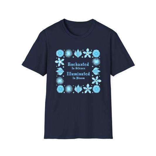 Enchanted in Silence, Illuminated in Bloom T-Shirt -Glowing Blue Floral Frame