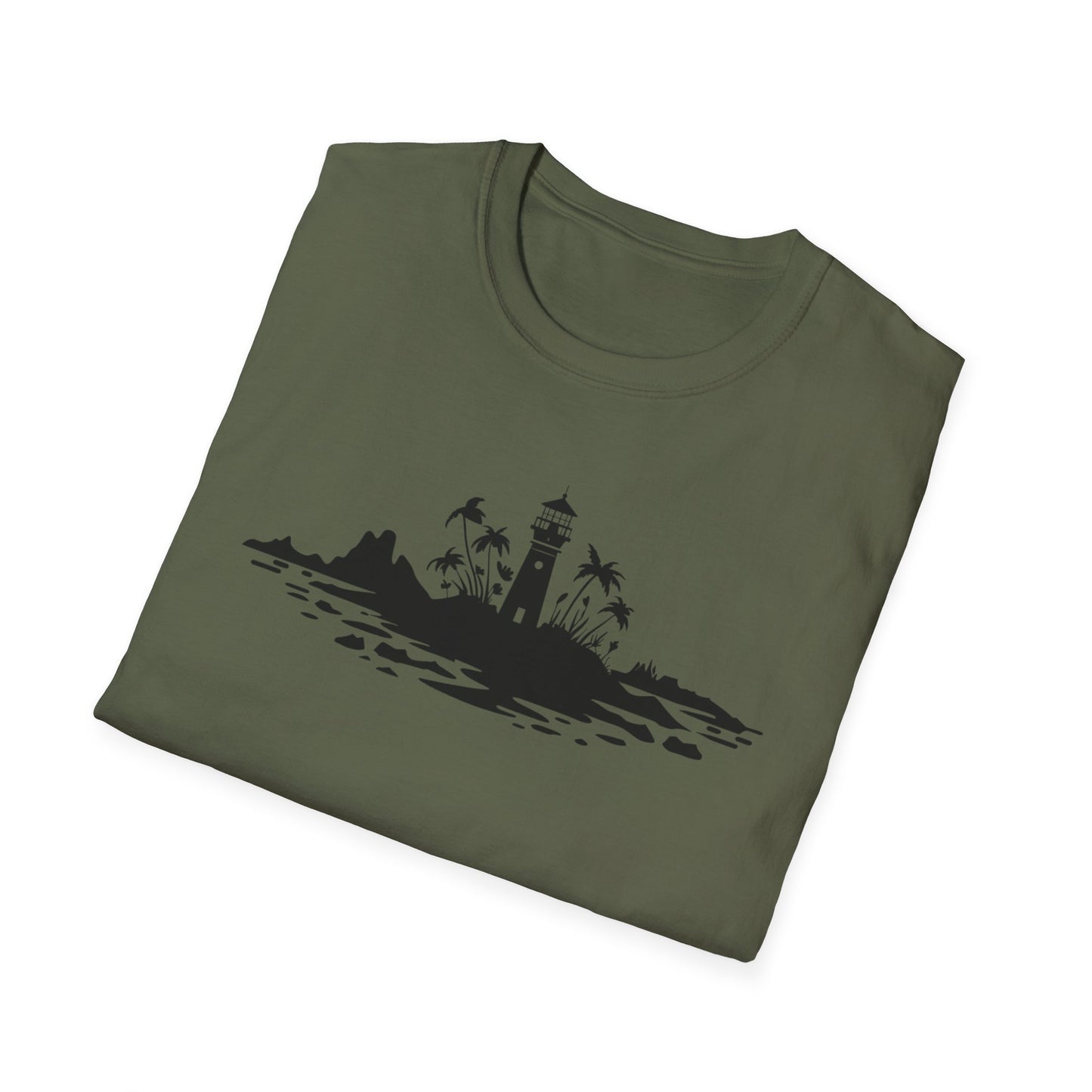 Minimalistic Silhouette Lighthouse, Island, Palms and Florals T-Shirt