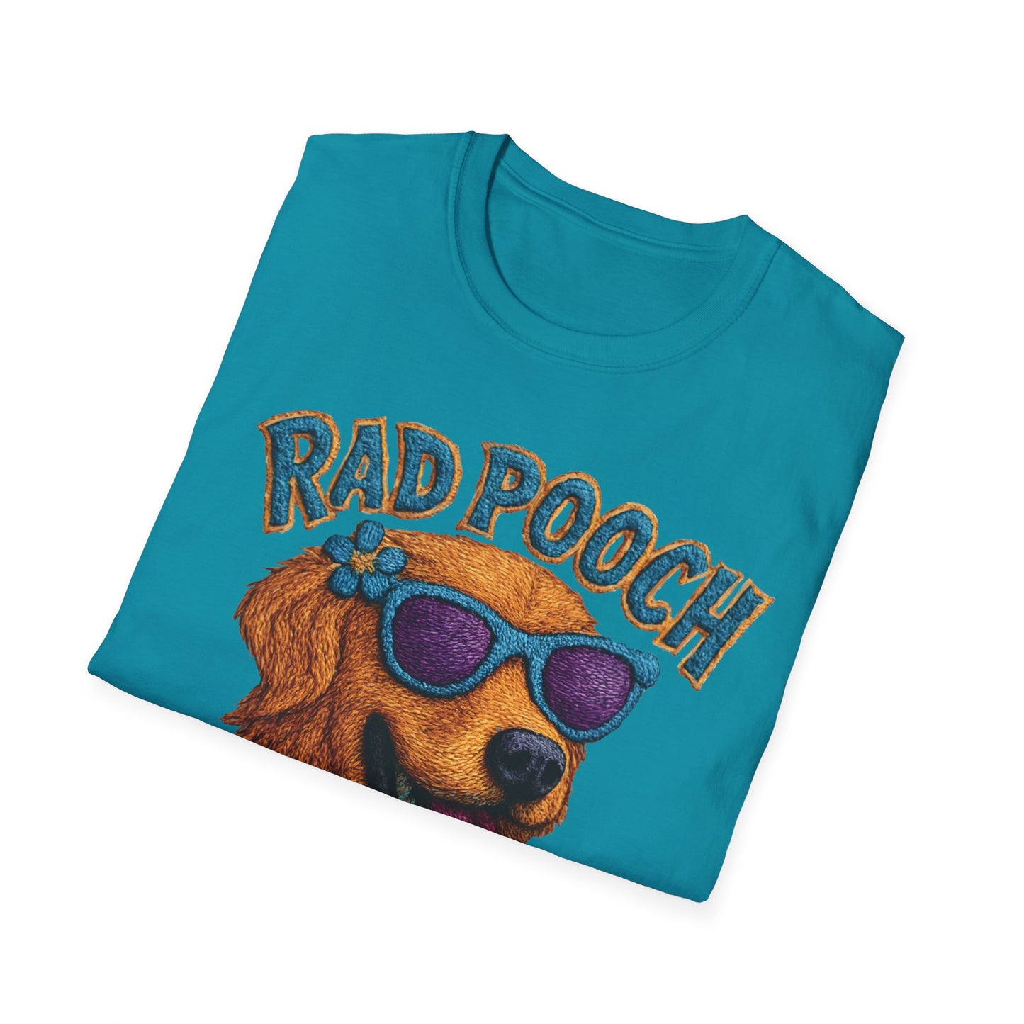 Rad Pooch – Embroidery-Like Style Cartoon Golden Retriever Dog With Floral T-Shirt