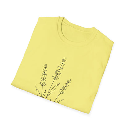 Minimalist Line Drawing of Lavender T-Shirt - Scattered Typography Design