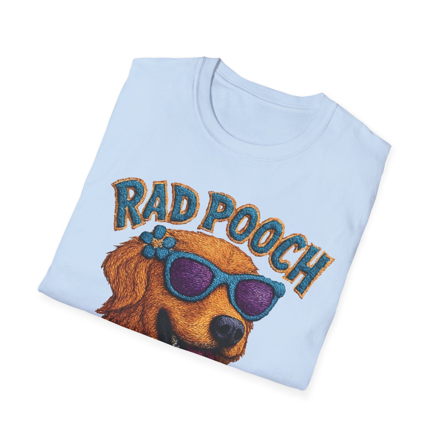 Rad Pooch – Embroidery-Like Style Cartoon Golden Retriever Dog With Floral T-Shirt