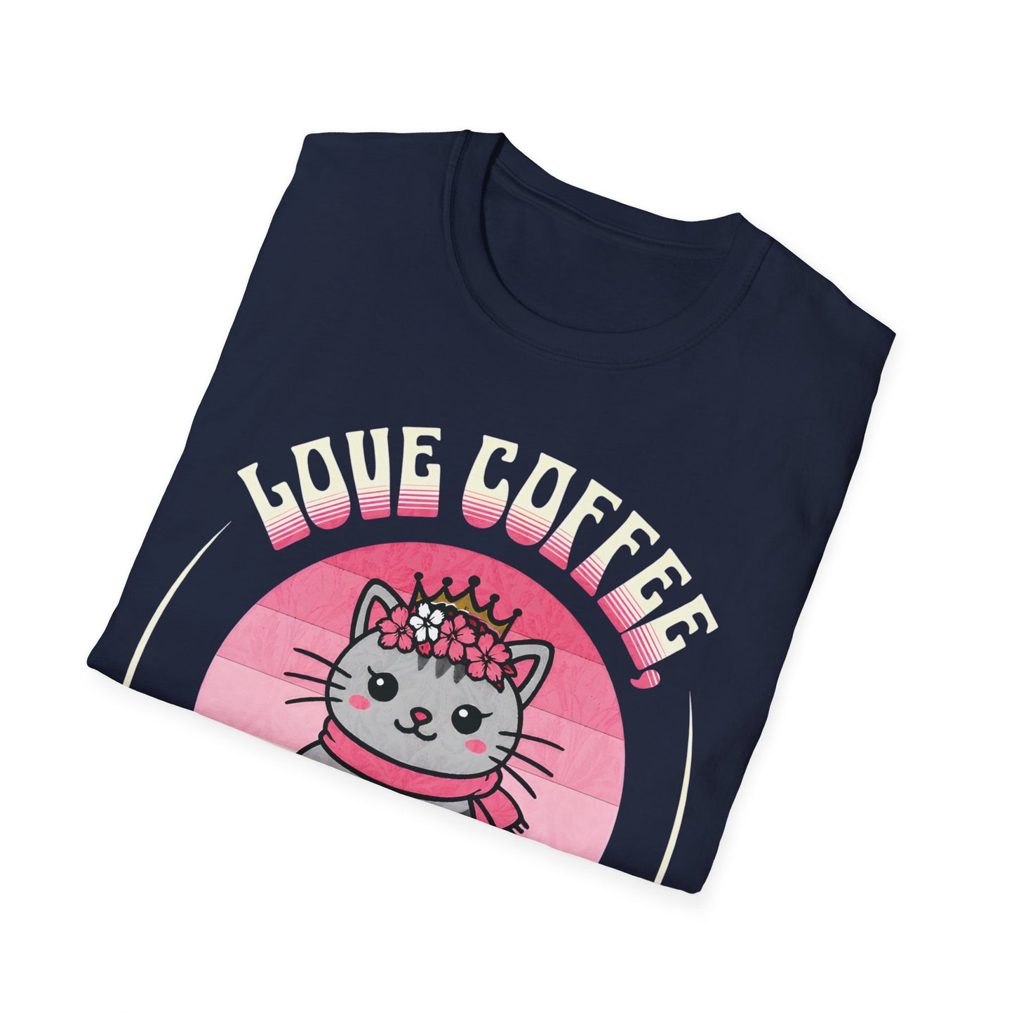 Love Coffee, Flowers and Sunset T-Shirt - Cute Cartoon Cat with Coffee Mug and Floral Crown Pink Sunset Design