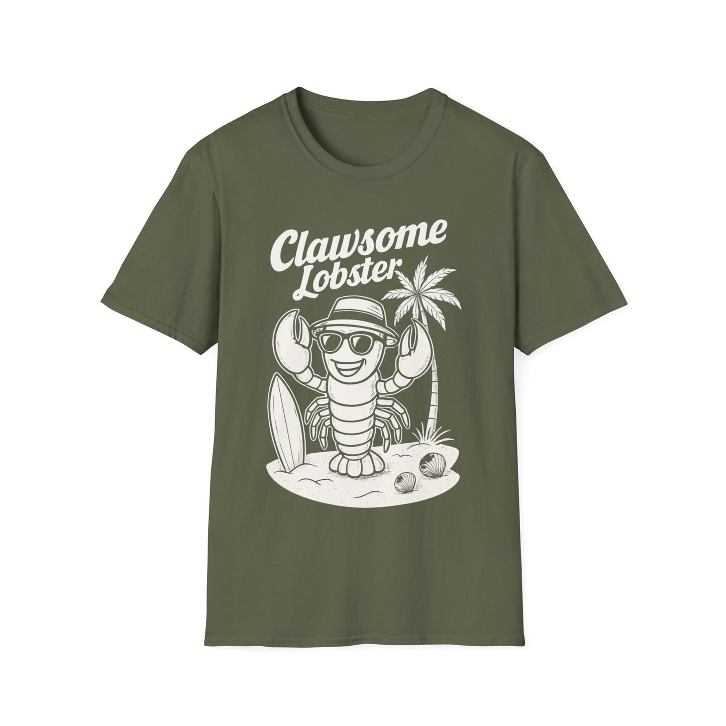 White Retro Clawsome Lobster T-Shirt - Lobster with Sunglasses Enjoying Beach Design