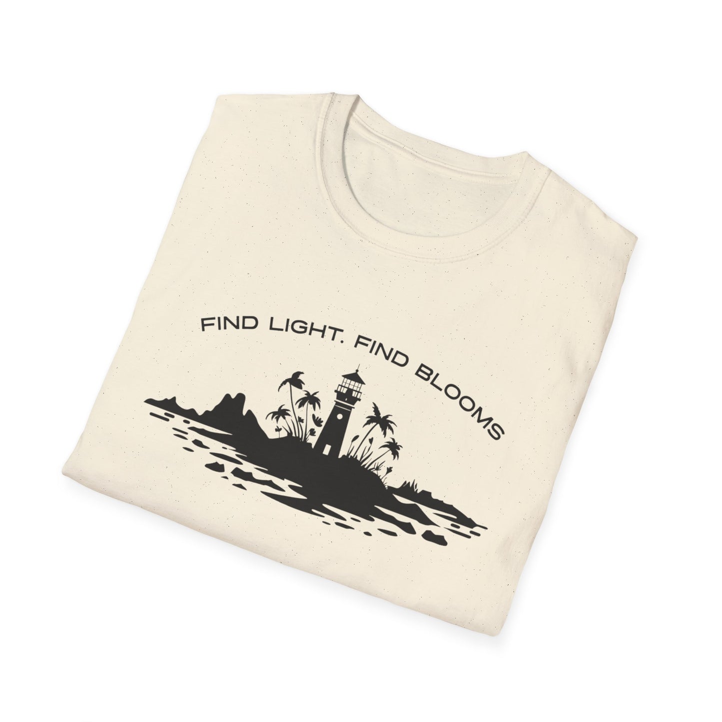 Find Light Find Blooms - Minimalistic Silhouette Lighthouse, Island, Palms and Florals T-Shirt
