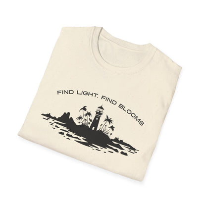 Find Light Find Blooms - Minimalistic Silhouette Lighthouse, Island, Palms and Florals T-Shirt