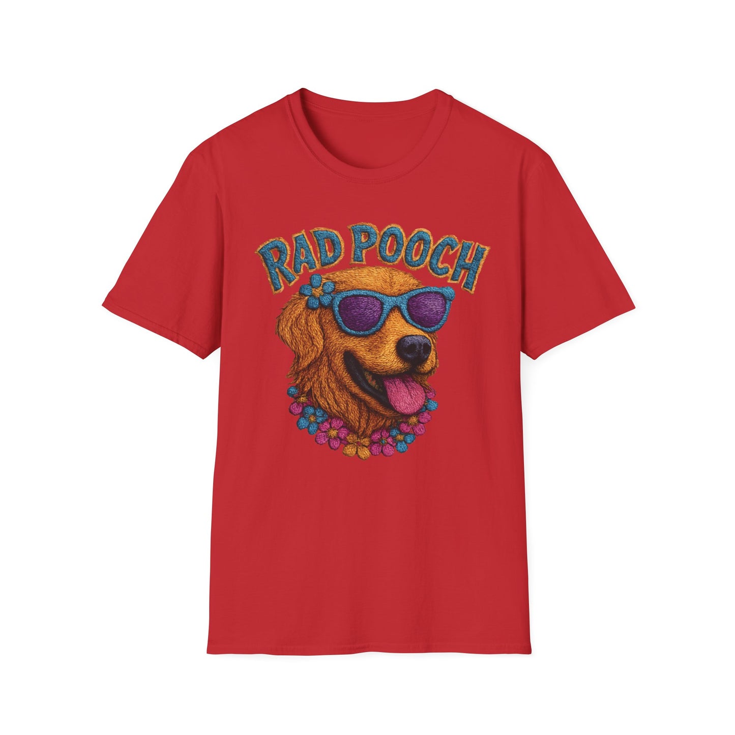Rad Pooch – Embroidery-Like Style Cartoon Golden Retriever Dog With Floral T-Shirt