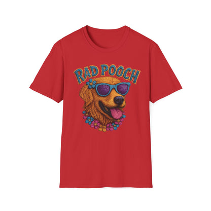 Rad Pooch – Embroidery-Like Style Cartoon Golden Retriever Dog With Floral T-Shirt