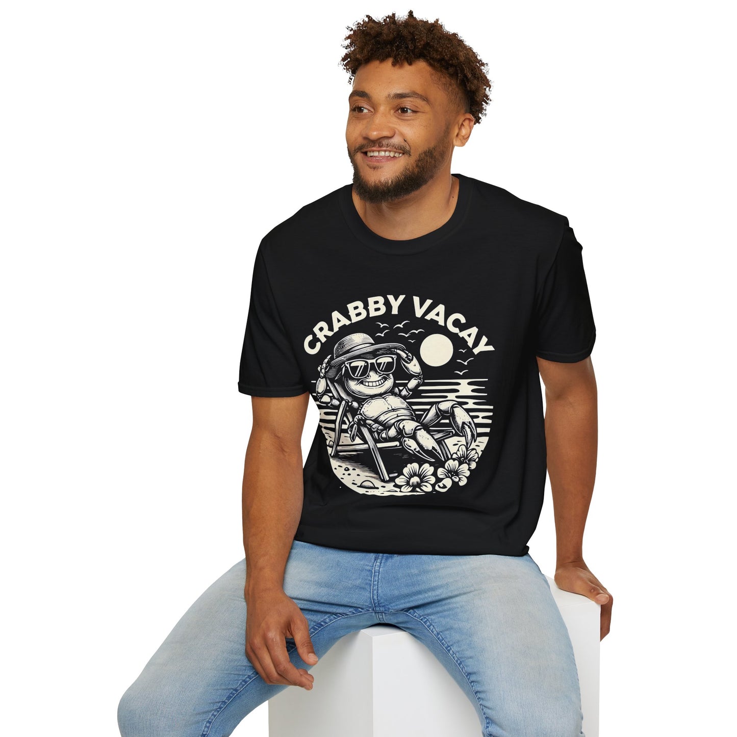 Crabby Vacay T-Shirt - Happy Crab Wearing Sunglasses in Tropical Scene Design