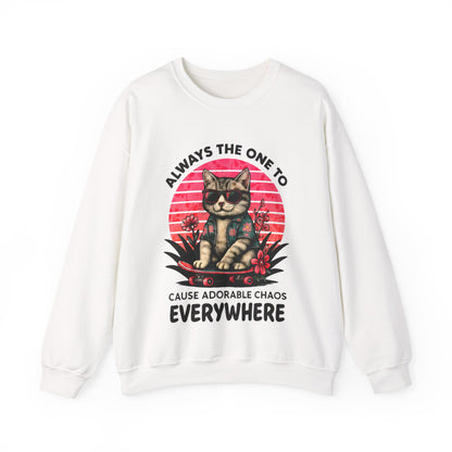Always The One To Cause Adorable Chaos Everywhere - Vibrant Sunset Playful Cat on Skateboard Sweatshirt