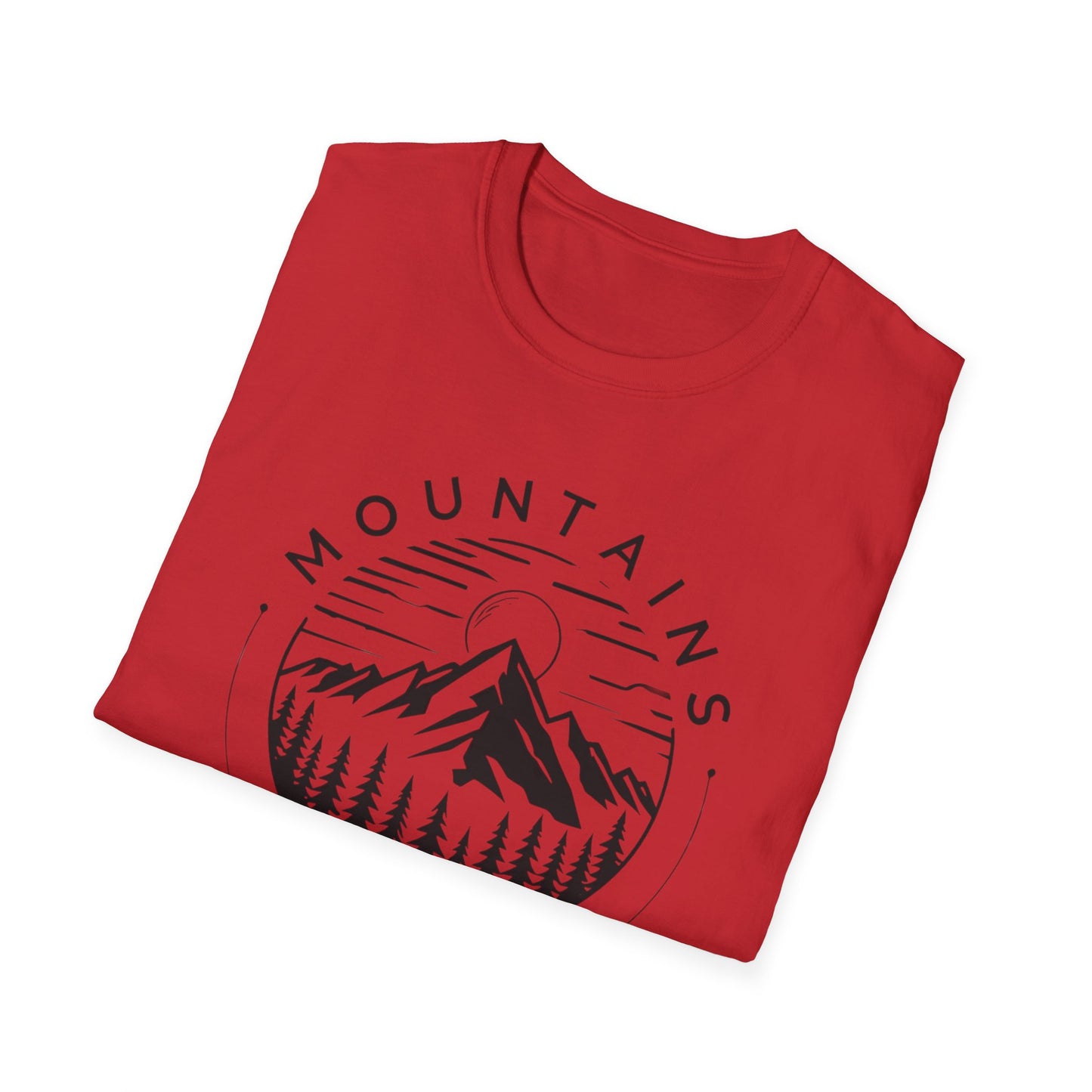 Mountains Call T-Shirt – Circular Nature Scene with Mountains, Trees & Sun Design