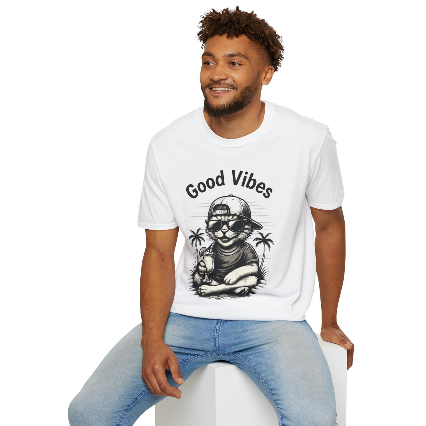 Good Vibes T-Shirt -  Cool Cat Relaxing with Tropical Drink Design