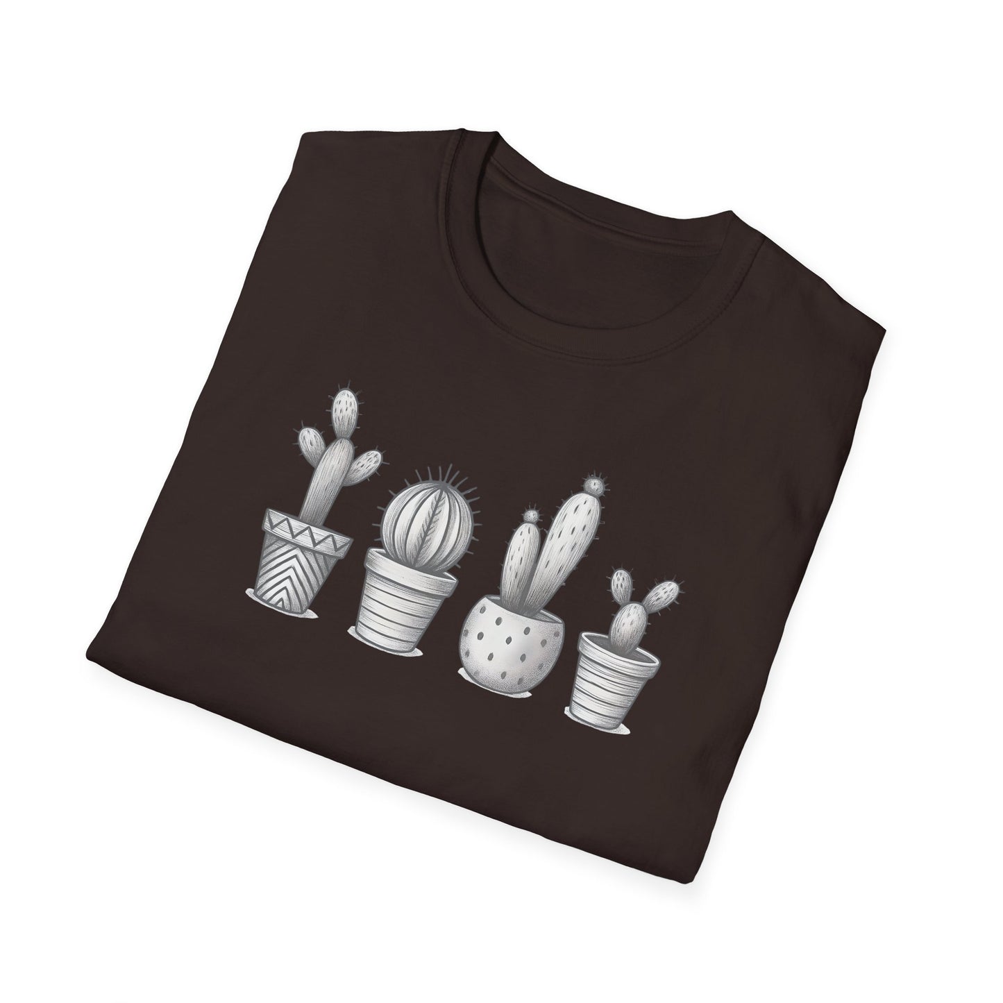 Gray Cacti In Terracotta Pots Line T-Shirt - Botanical Design