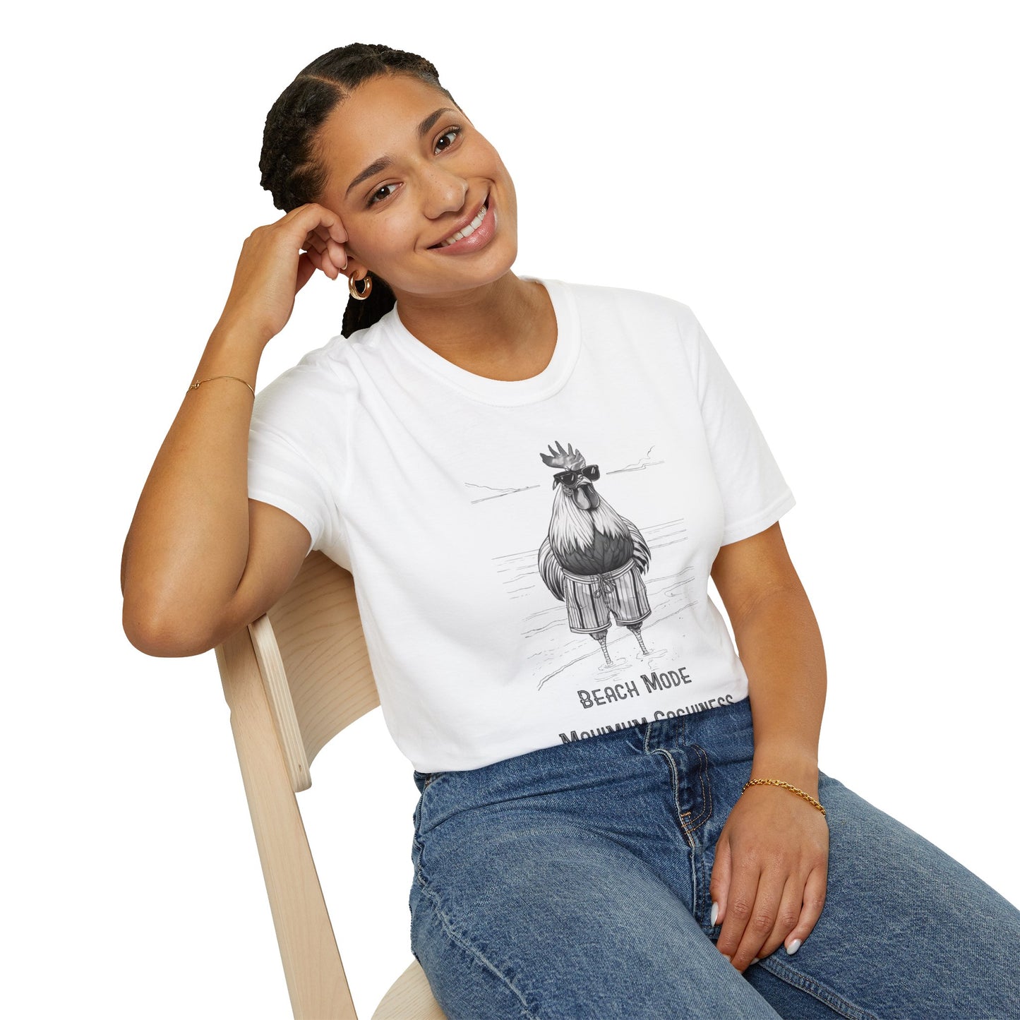 Beach Mode: Maximum Cochiness - Playful Rooster On Beach T-Shirt