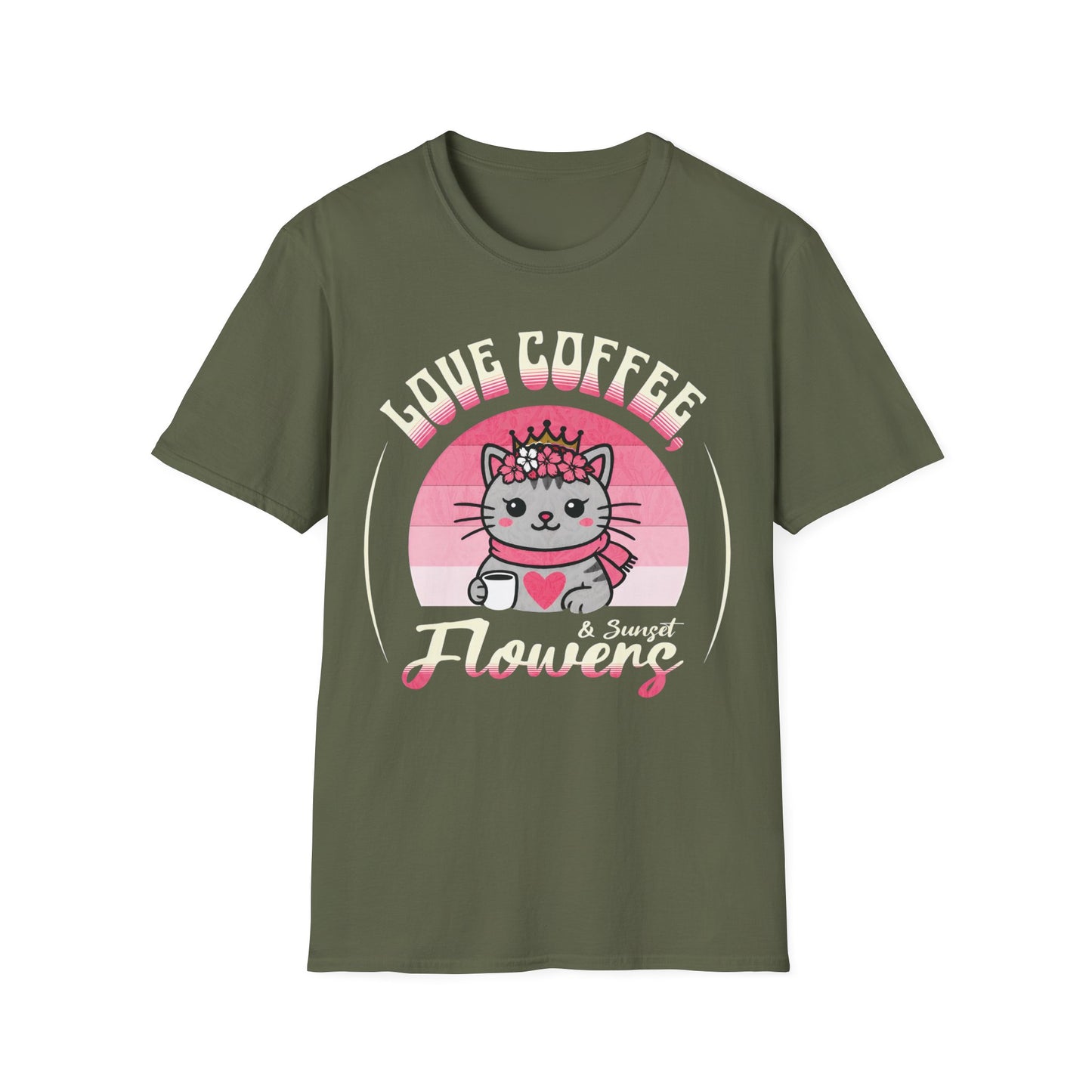 Love Coffee, Flowers and Sunset T-Shirt - Cute Cartoon Cat with Coffee Mug and Floral Crown Pink Sunset Design