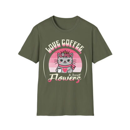 Love Coffee, Flowers and Sunset T-Shirt - Cute Cartoon Cat with Coffee Mug and Floral Crown Pink Sunset Design
