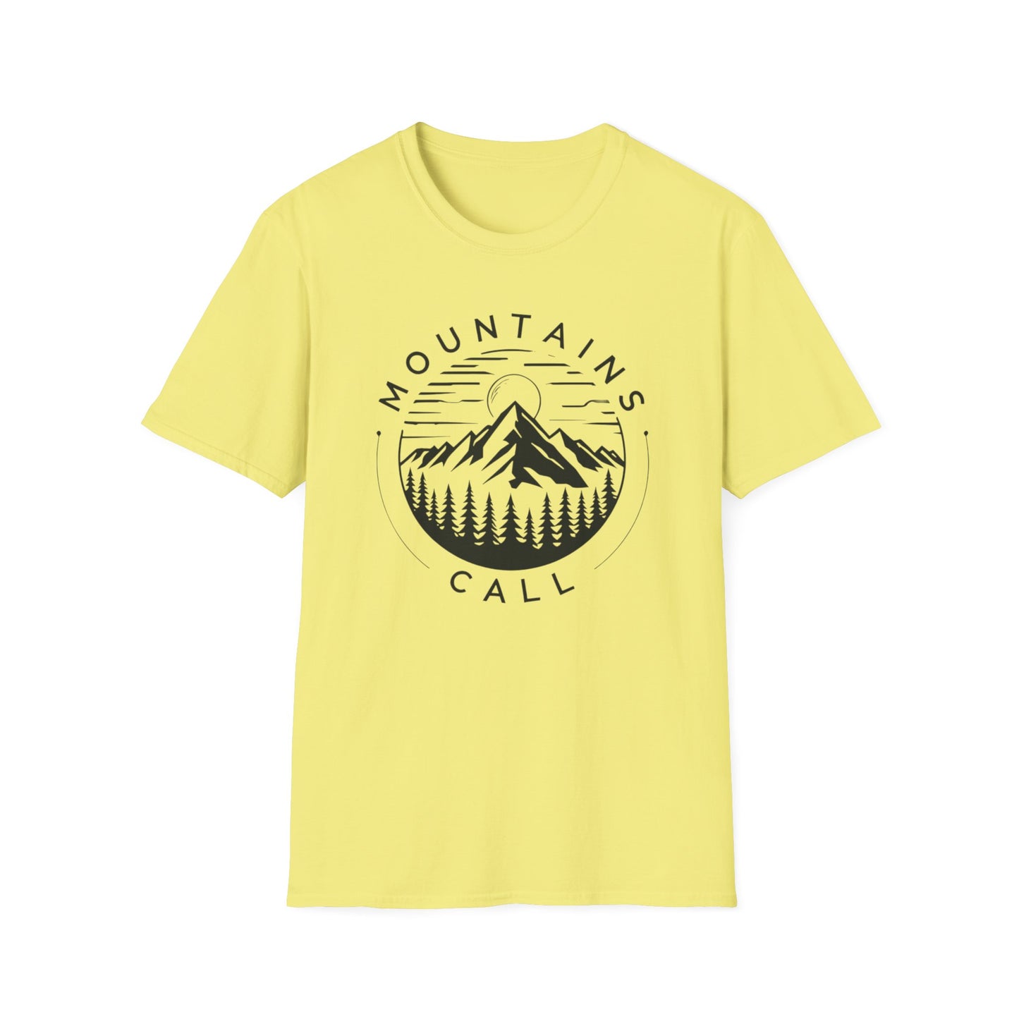 Mountains Call T-Shirt – Circular Nature Scene with Mountains, Trees & Sun Design