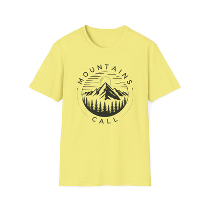 Mountains Call T-Shirt – Circular Nature Scene with Mountains, Trees & Sun Design