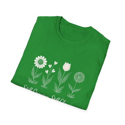 Still Growing Still Glowing T-Shirt - Minimalistic Flowers Line - Botanical Line Art Design