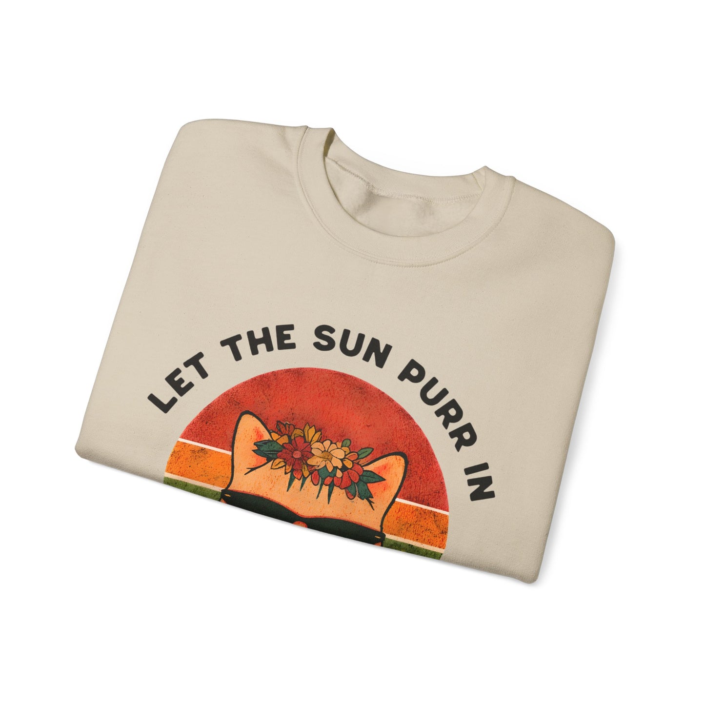 Let the Sun Purr In - Playful Vintage Sunset And A Cat in Sunglasses and Floral Crown Sweatshirt