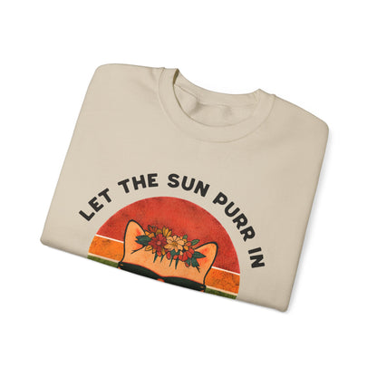 Let the Sun Purr In - Playful Vintage Sunset And A Cat in Sunglasses and Floral Crown Sweatshirt