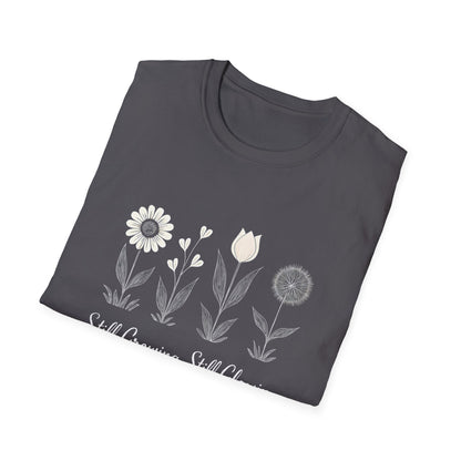 Still Growing Still Glowing T-Shirt - Minimalistic Flowers Line - Botanical Line Art Design