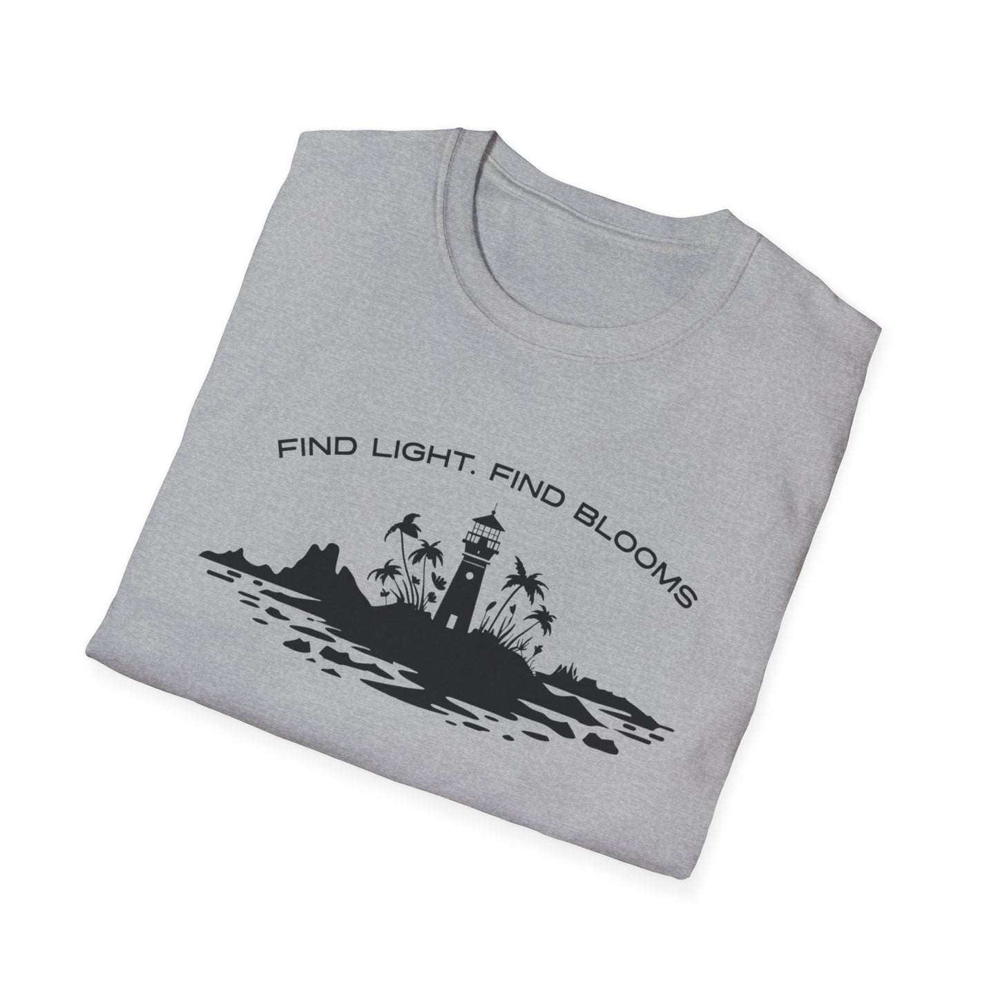 Find Light Find Blooms - Minimalistic Silhouette Lighthouse, Island, Palms and Florals T-Shirt