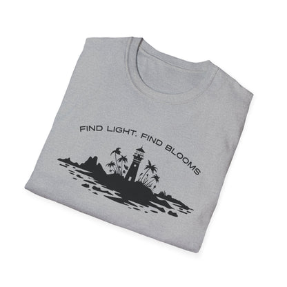 Find Light Find Blooms - Minimalistic Silhouette Lighthouse, Island, Palms and Florals T-Shirt