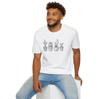 Gray Cacti In Terracotta Pots Line T-Shirt - Botanical Design