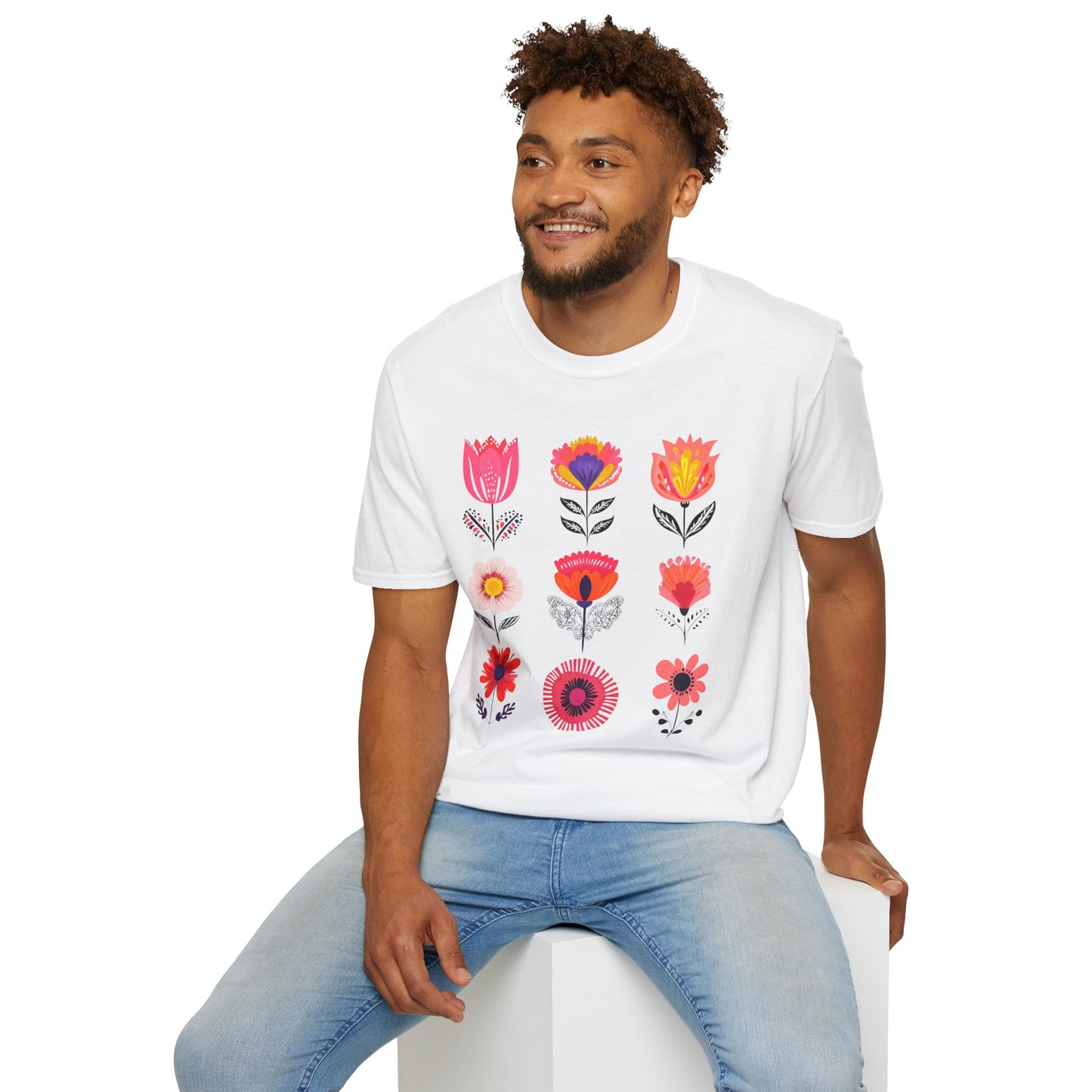 Vibrant Boho Grid Flowers T-Shirt