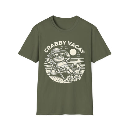 Crabby Vacay - Playful Monochrome Happy Crab Wearing Sunglasses in Tropical Scene T-Shirt