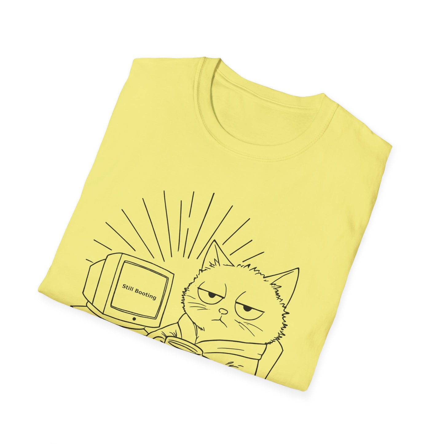 Not A Morning Cat Still Booting T-Shirt -  Sleepy Cartoon Cat in Robe with Coffee Mug and A Computer In the Morning  Design