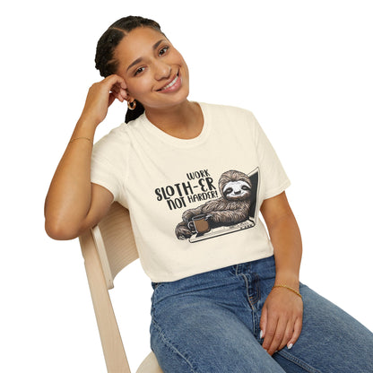 Work Slother Not Harder! - Playful Relaxed Sloth Reclining On Laptop With Coffee Mug T-Shirt