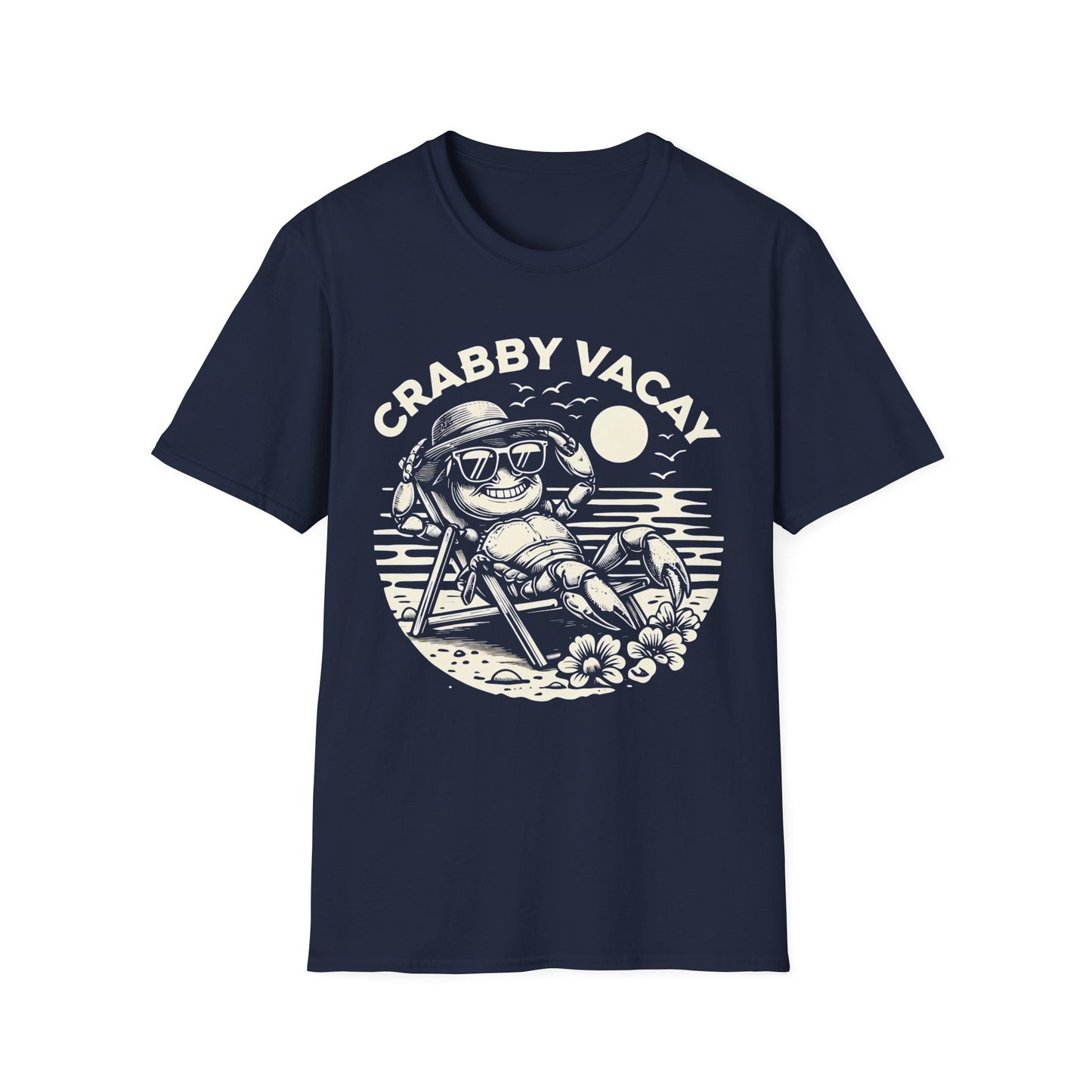 Crabby Vacay T-Shirt - Happy Crab Wearing Sunglasses in Tropical Scene Design