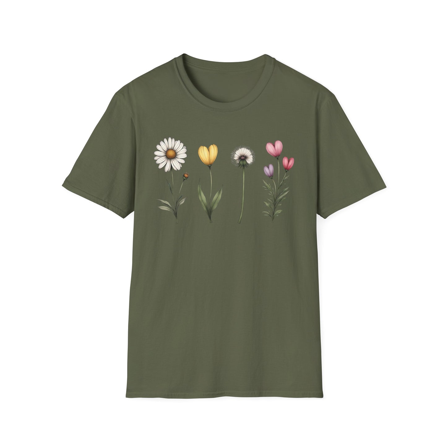Realistic Floral Line T-Shirt - Colorful Design