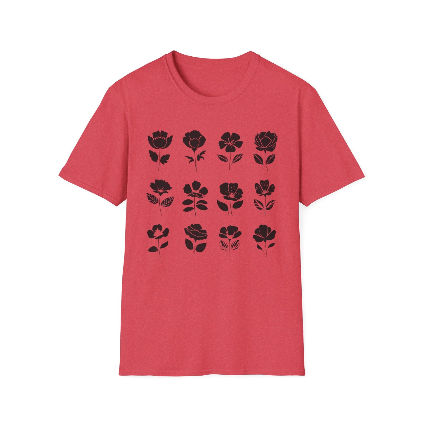 Monochrome Silhouette Grid Flowers T-Shirt