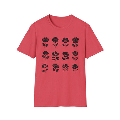 Monochrome Silhouette Grid Flowers T-Shirt