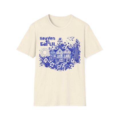 Heaven on Earth - Monochrome Blue Victorian House and Flowers T-Shirt