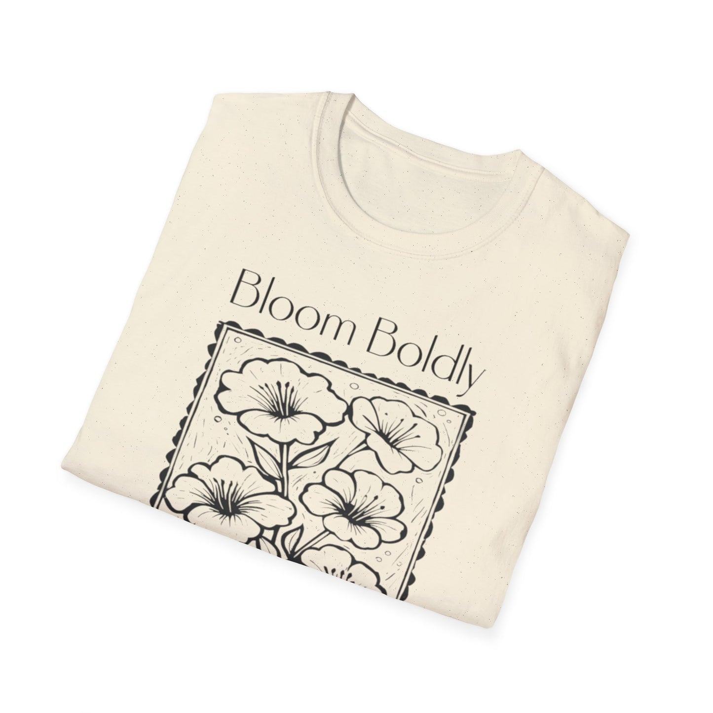Bloom Boldly And Loudly - Monochrome Flowers With Stamp Border Linocut T-Shirt