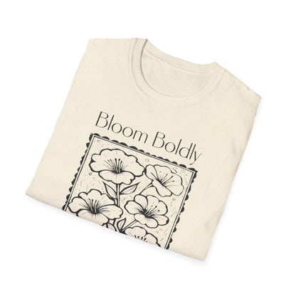 Bloom Boldly And Loudly - Monochrome Flowers With Stamp Border Linocut T-Shirt
