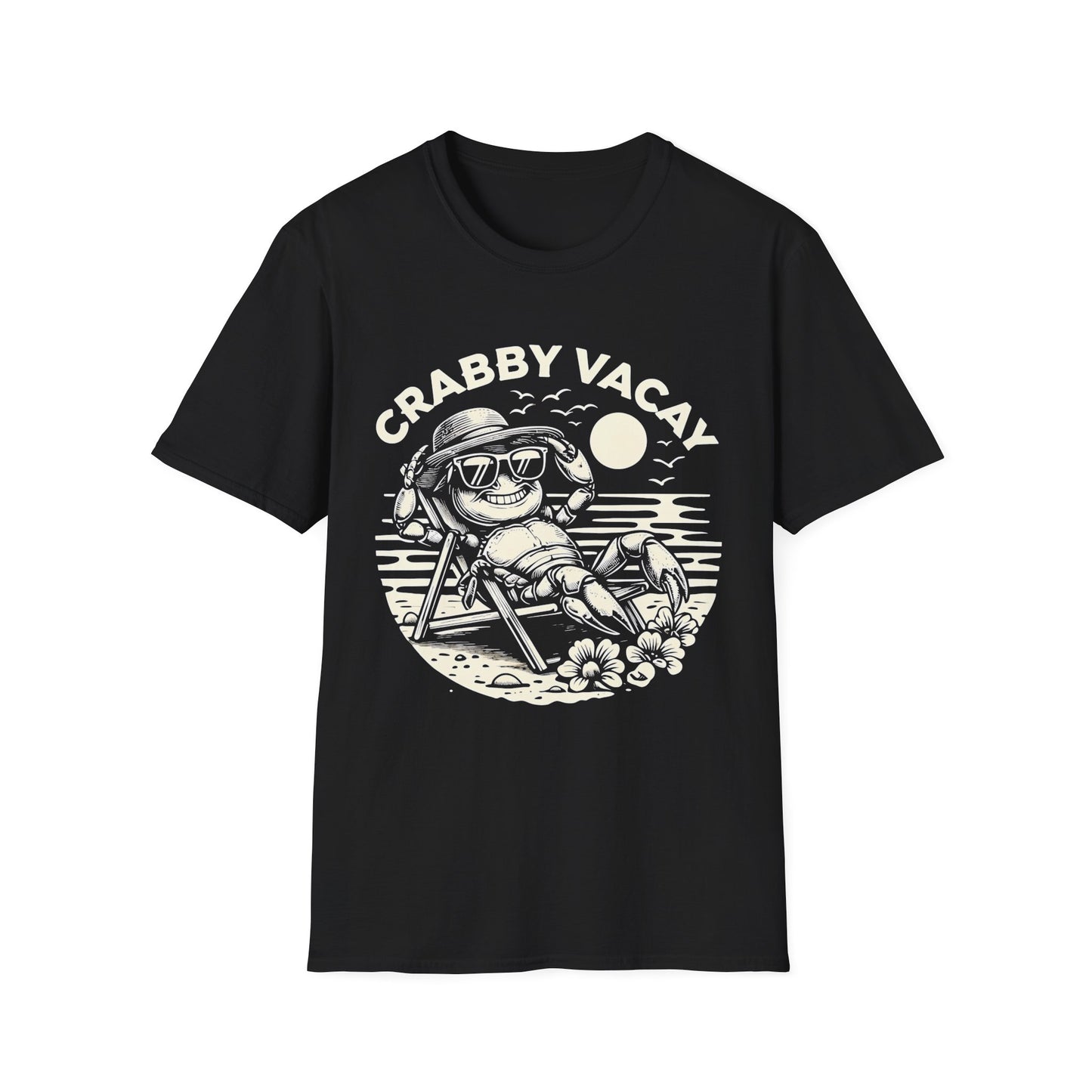 Crabby Vacay - Playful Monochrome Happy Crab Wearing Sunglasses in Tropical Scene T-Shirt