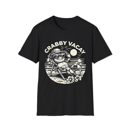 Crabby Vacay - Playful Monochrome Happy Crab Wearing Sunglasses in Tropical Scene T-Shirt