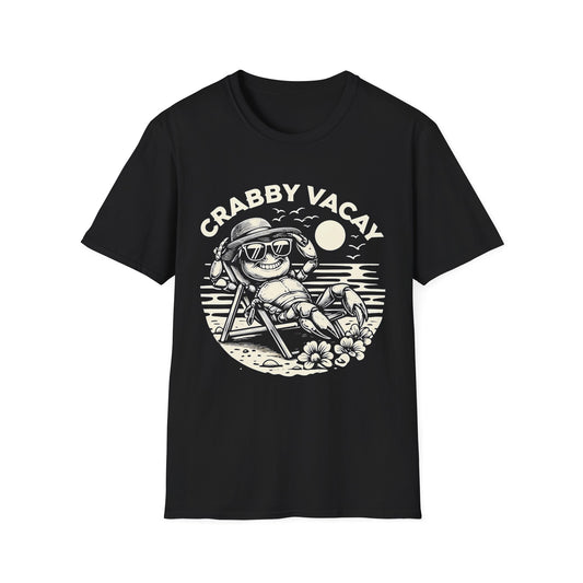 Crabby Vacay - Playful Monochrome Happy Crab Wearing Sunglasses in Tropical Scene T-Shirt
