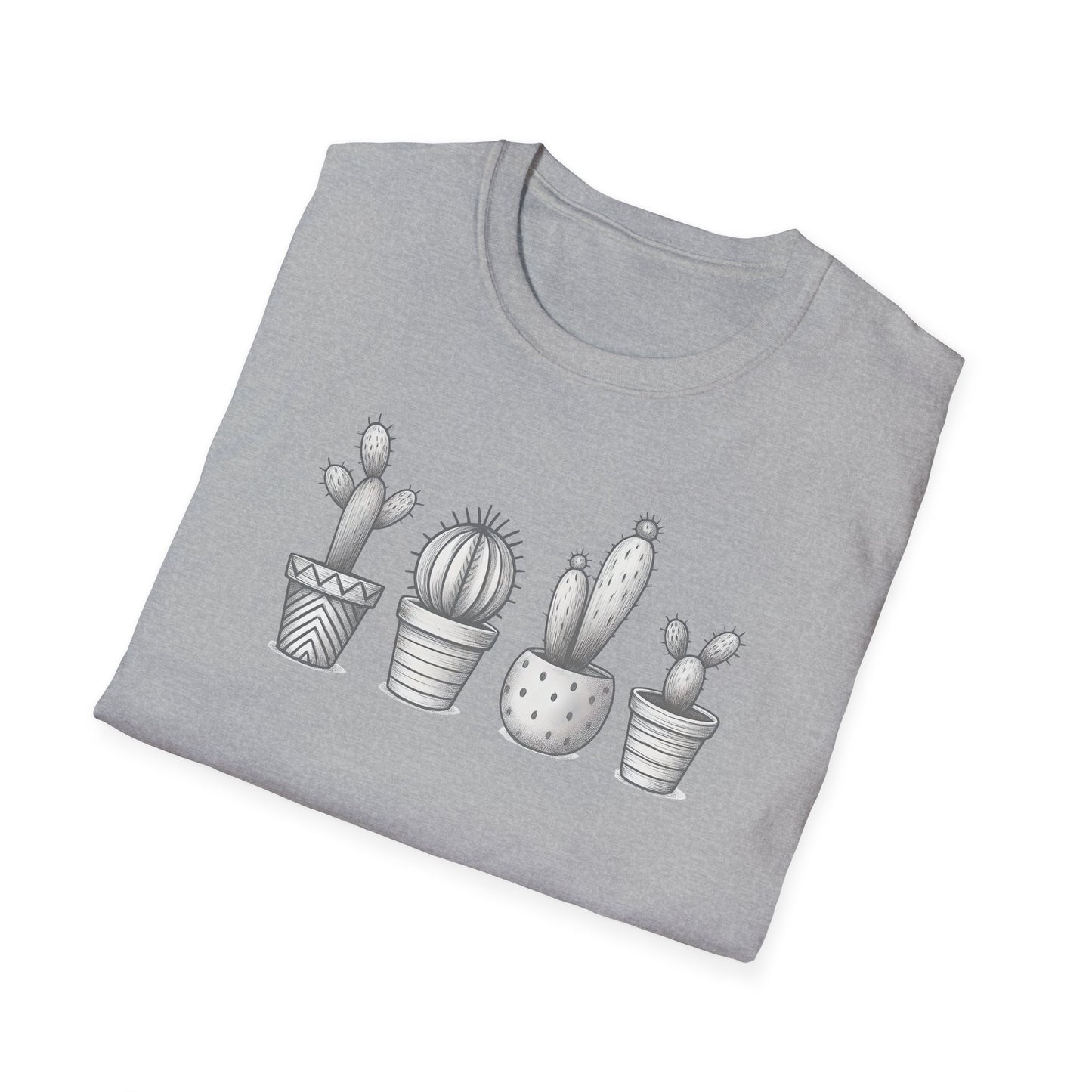Gray Cacti In Terracotta Pots Line T-Shirt - Botanical Design