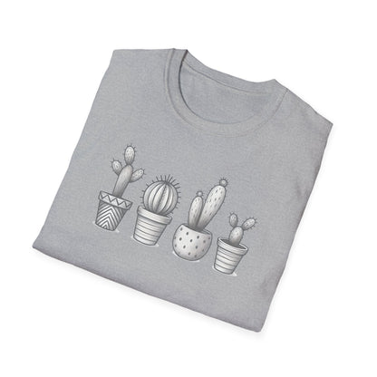 Gray Cacti In Terracotta Pots Line T-Shirt - Botanical Design