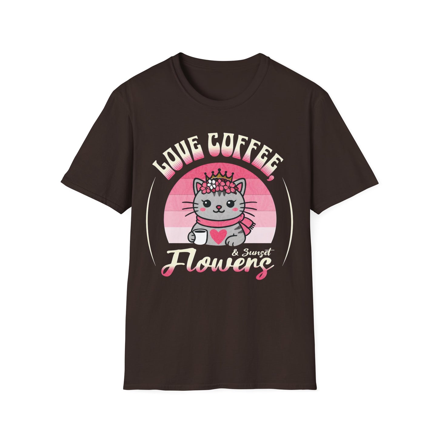 Love Coffee, Flowers and Sunset T-Shirt - Cute Cartoon Cat with Coffee Mug and Floral Crown Pink Sunset Design