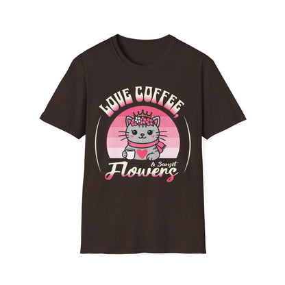 Love Coffee, Flowers and Sunset T-Shirt - Cute Cartoon Cat with Coffee Mug and Floral Crown Pink Sunset Design