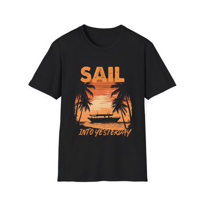 Sail Into Yesterday - Vintage Beach With Silhouetted Boat and Palm Trees T-Shirt