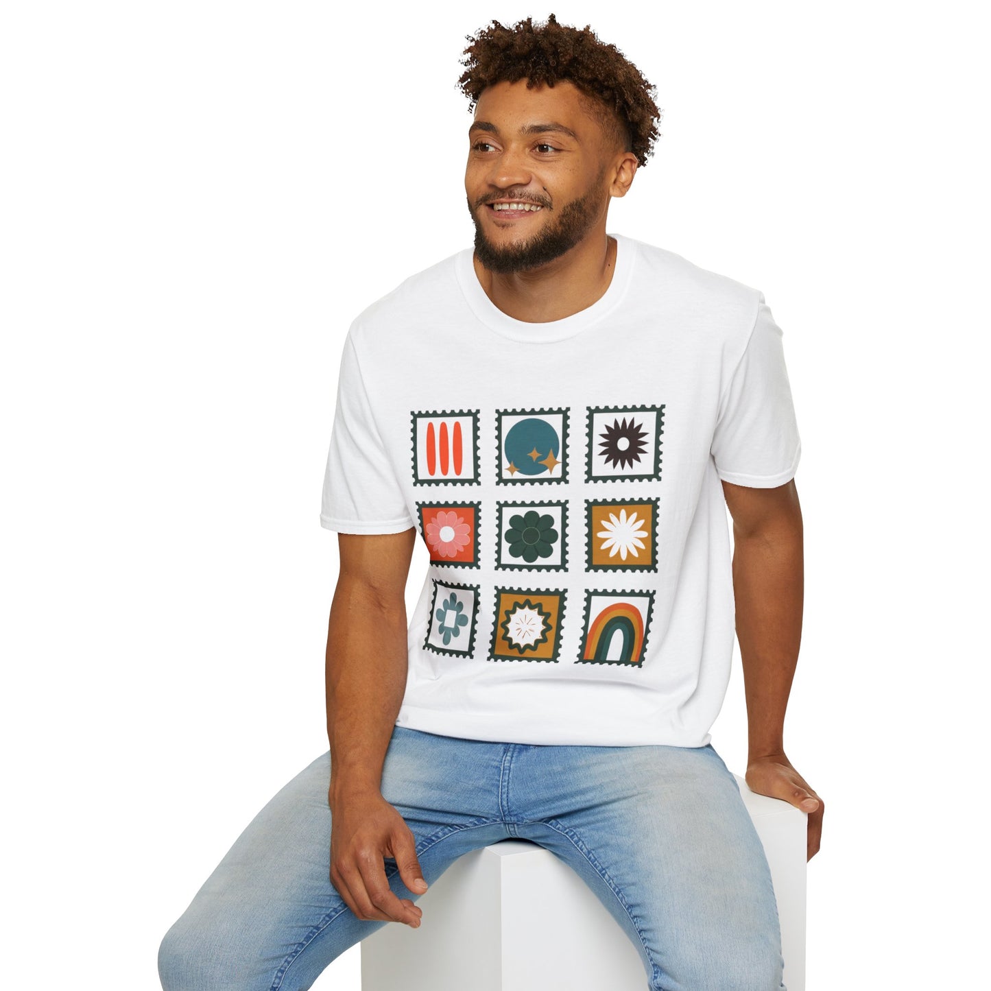 Vibrant Stamp Abstract Floral Grid T-Shirt