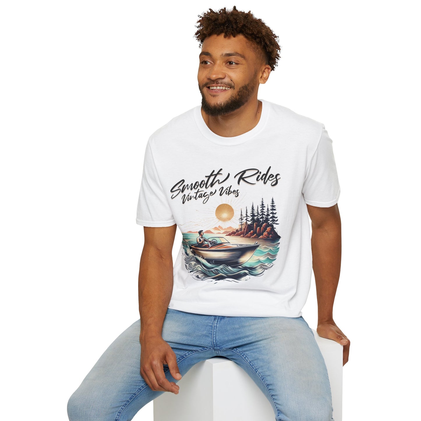 Smooth Rides Vintage Vibes T-Shirt -Vintage Scene with boat and A Man Design