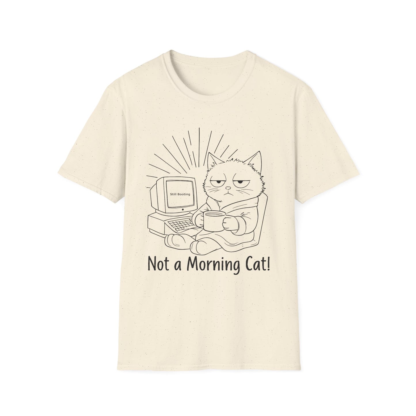 Not A Morning Cat Still Booting T-Shirt -  Sleepy Cartoon Cat in Robe with Coffee Mug and A Computer In the Morning  Design